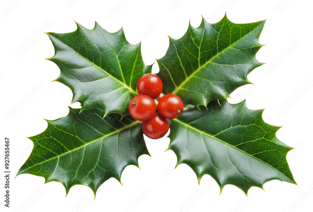 Holly leaves and red berries on white, cut out - stock png. Holly leaves and red berries on white, cut out - stock png.