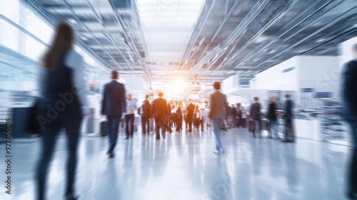 Vibrant crowd at a business expo, with blurred movement and copy space emphasizing the dynamic environment.