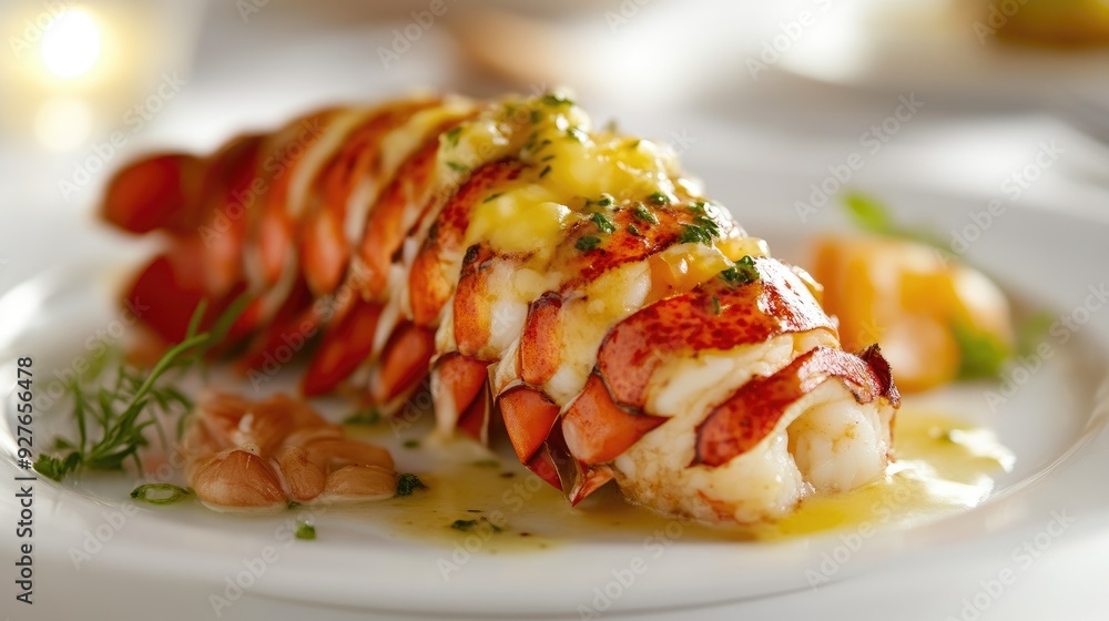 Luxurious Lobster Tail with Herb-Infused Butter on Elegant Table Setting Luxurious Lobster Tail with Herb-Infused Butter on Elegant Table Setting