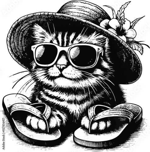 Engraving of a cat ready to go out in the sun with flip-flops, hat and sunglasses