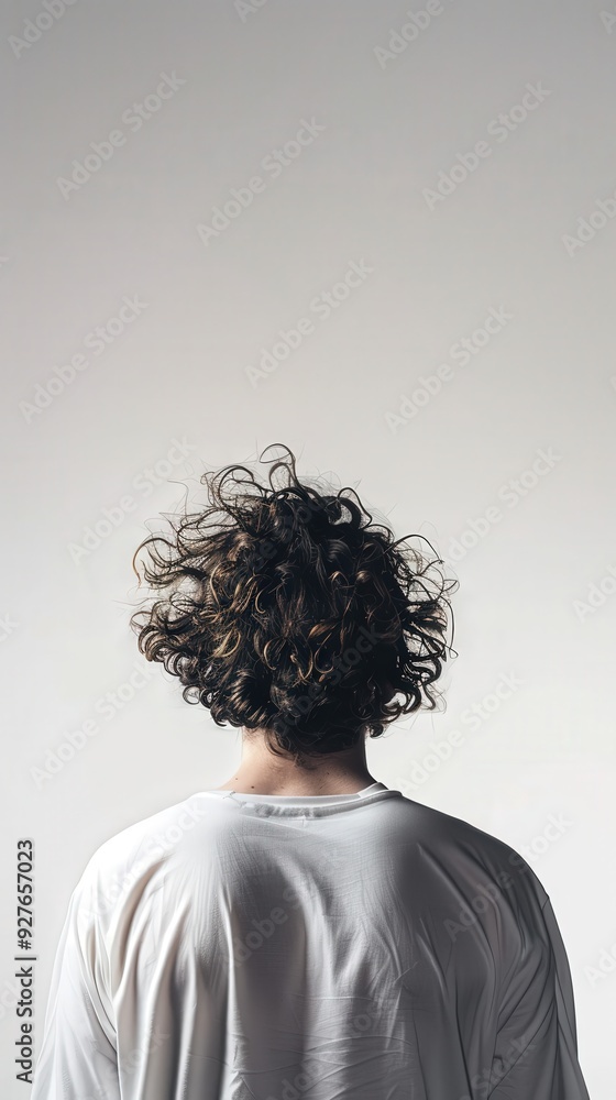 Young man with curly hair facing a plain background in a casual shirt Young man with curly hair facing a plain background in a casual shirt