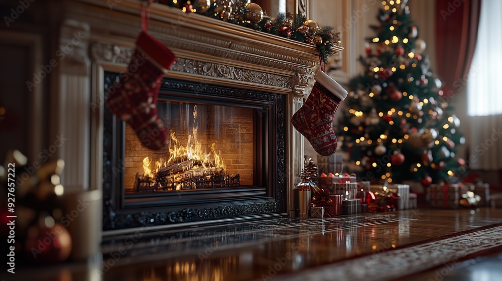A cozy fireplace with stockings hung and a Christmas tree reflected in the mirror above it A cozy fireplace with stockings hung and a Christmas tree reflected in the mirror above it