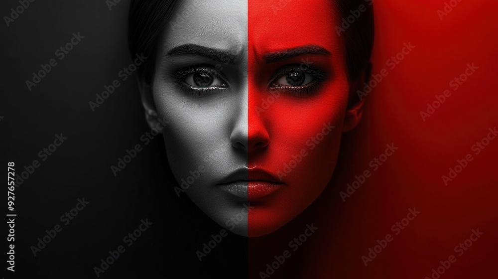 Conceptual high resolution image blending two contrasting emotions of happiness and sadness in a single face Lighting and color enhance the emotional depth while a simple background provides ample Conceptual high resolution image blending two contrasting emotions of happiness and sadness in a single face Lighting and color enhance the emotional depth while a simple background provides ample