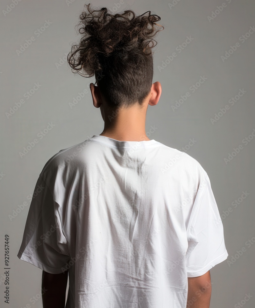Young man with curly hair facing away in minimalist studio setting Young man with curly hair facing away in minimalist studio setting