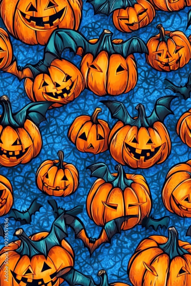 Colorful Halloween pumpkins and bats pattern on a blue background Colorful Halloween pumpkins and bats pattern on a blue background