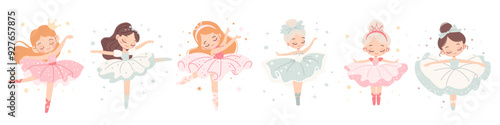 Vector collection of cute dancers. Beautiful ballerina princesses dancing on white background. Vector illustration