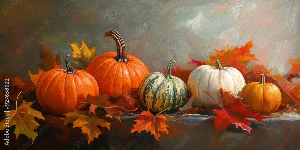 pumpkins/gourds in a classical painting in a fall-themed, horizontal format, photorealistic, JPG, illustration. Generative ai pumpkins/gourds in a classical painting in a fall-themed, horizontal format, photorealistic, JPG, illustration. Generative ai