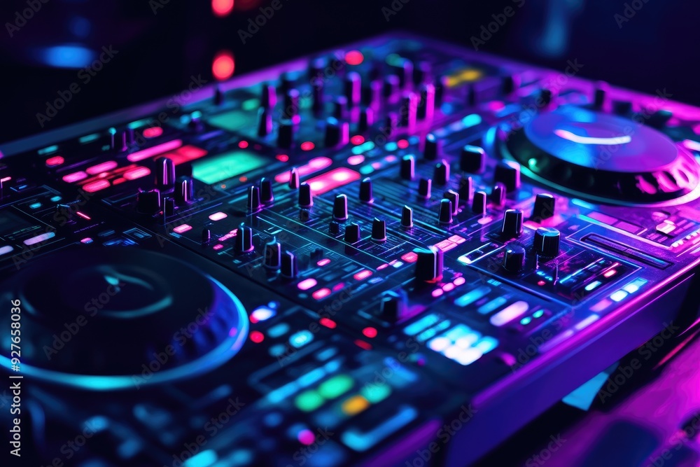 Obraz premium Vibrant DJ Booth with Mixing Equipment and Lights