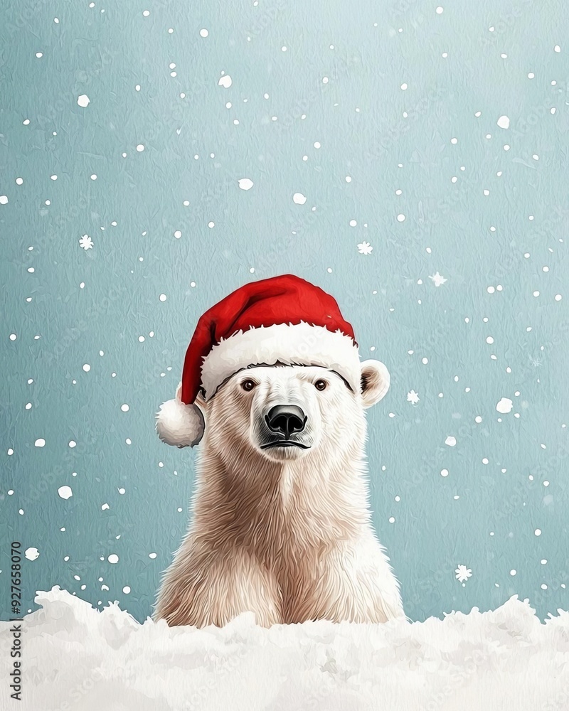 A festive polar bear wearing a Santa hat, surrounded by gently falling snowflakes against a serene blue background. A festive polar bear wearing a Santa hat, surrounded by gently falling snowflakes against a serene blue background.
