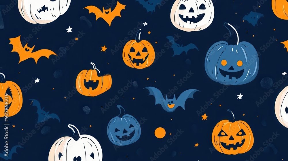 Halloween pumpkins and bats pattern on a dark background Halloween pumpkins and bats pattern on a dark background