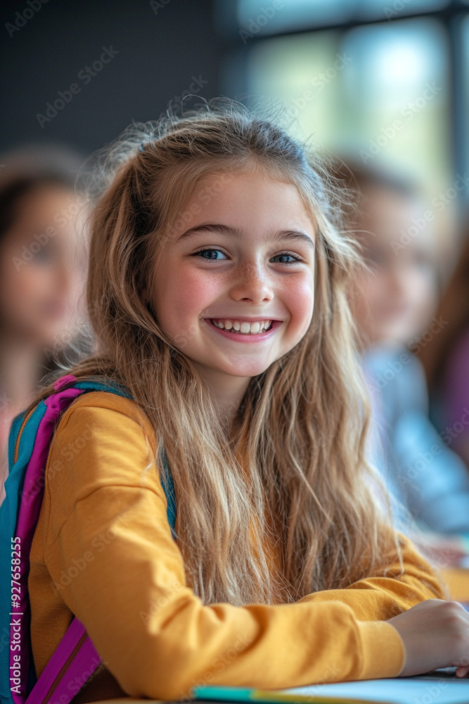 happy students with hyper-realistic, cinematic, modern and bright school supplies children are sitting at a desk in a classroom, with backpack, cover photo happy students with hyper-realistic, cinematic, modern and bright school supplies children are sitting at a desk in a classroom, with backpack, cover photo