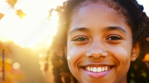 Wallpaper Mural Teenage African American girl smiling brightly, her face framed by vibrant autumn leaves, exuding happiness and warmth. Torontodigital.ca