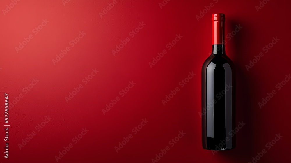 Red wine bottle on a red backdrop with empty space for text, viewed from above. Red wine bottle on a red backdrop with empty space for text, viewed from above.