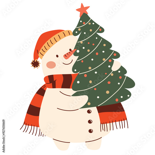 Flat vector illustration in children's style on New Year's theme. Cute snowman in a hat carrying Christmas tree. Vector illustration