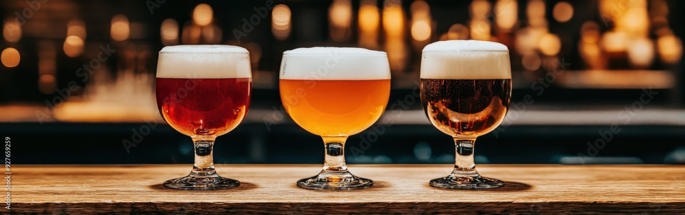 Beer mugs with foam on a wooden bar table at a cozy pub Beer mugs with foam on a wooden bar table at a cozy pub