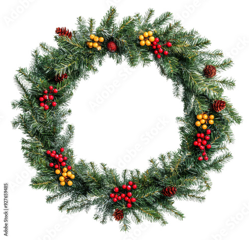 Wreath with red and yellow berries, cut out - stock png.