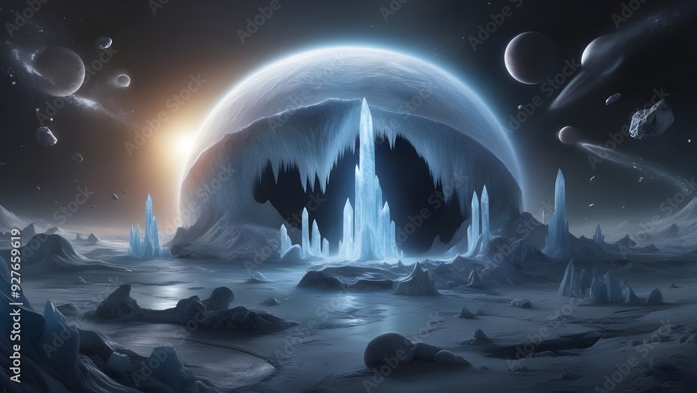 Realistic depiction of a frozen planet orbiting a distant star, with ...