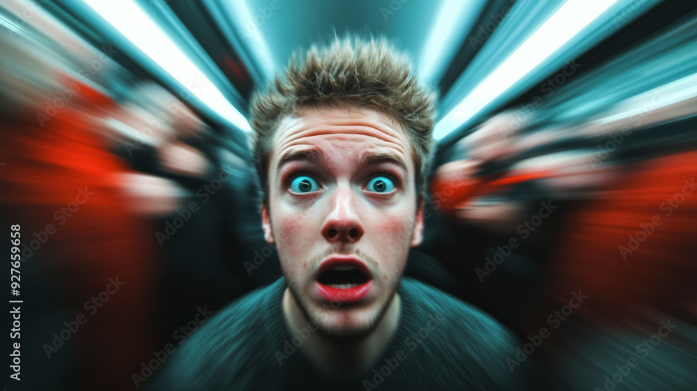 A person being jostled in a crowded space expression of panic with motion blur on the crowd to emphasize the chaos and fear A person being jostled in a crowded space expression of panic with motion blur on the crowd to emphasize the chaos and fear