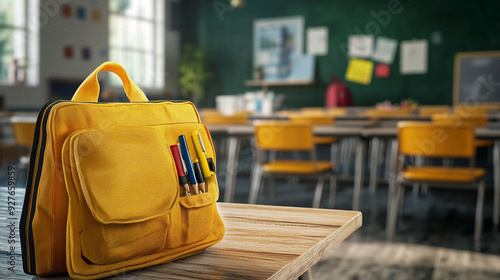 bright modern school supplies with kids at a desk in a classroom backpack cover photo