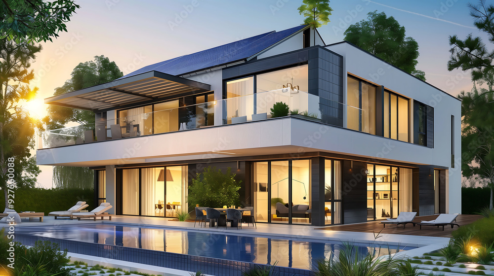 Fototapeta premium Background. Futuristic eco-friendly house. flowing lines. architecture. Evening .Generative AI