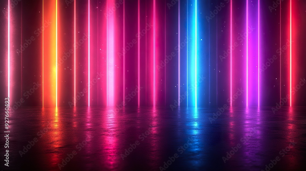 Vertical neon lines glowing in a dark, abstract setting Vertical neon lines glowing in a dark, abstract setting