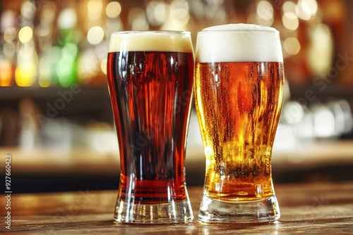 Two glasses of dark and light beer on a rustic bar counter