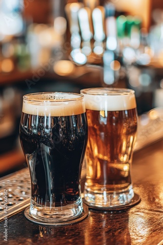 Two glasses of dark and light beer on a bar counter in a pub