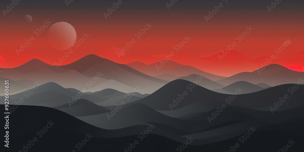 Abstract digital landscape with layered mountain silhouettes and red sunset. Abstract digital landscape with layered mountain silhouettes and red sunset.