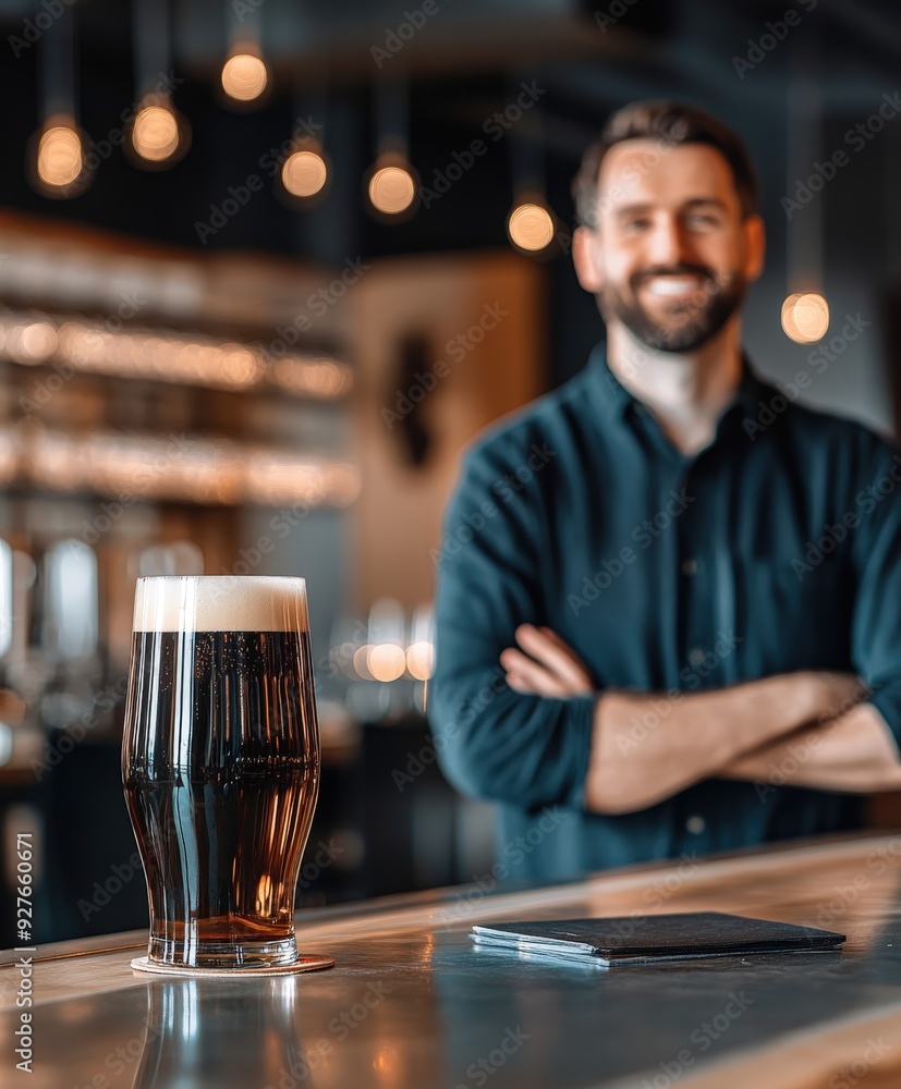 Two glasses of dark and light beer on a bar counter at a brewery Two glasses of dark and light beer on a bar counter at a brewery