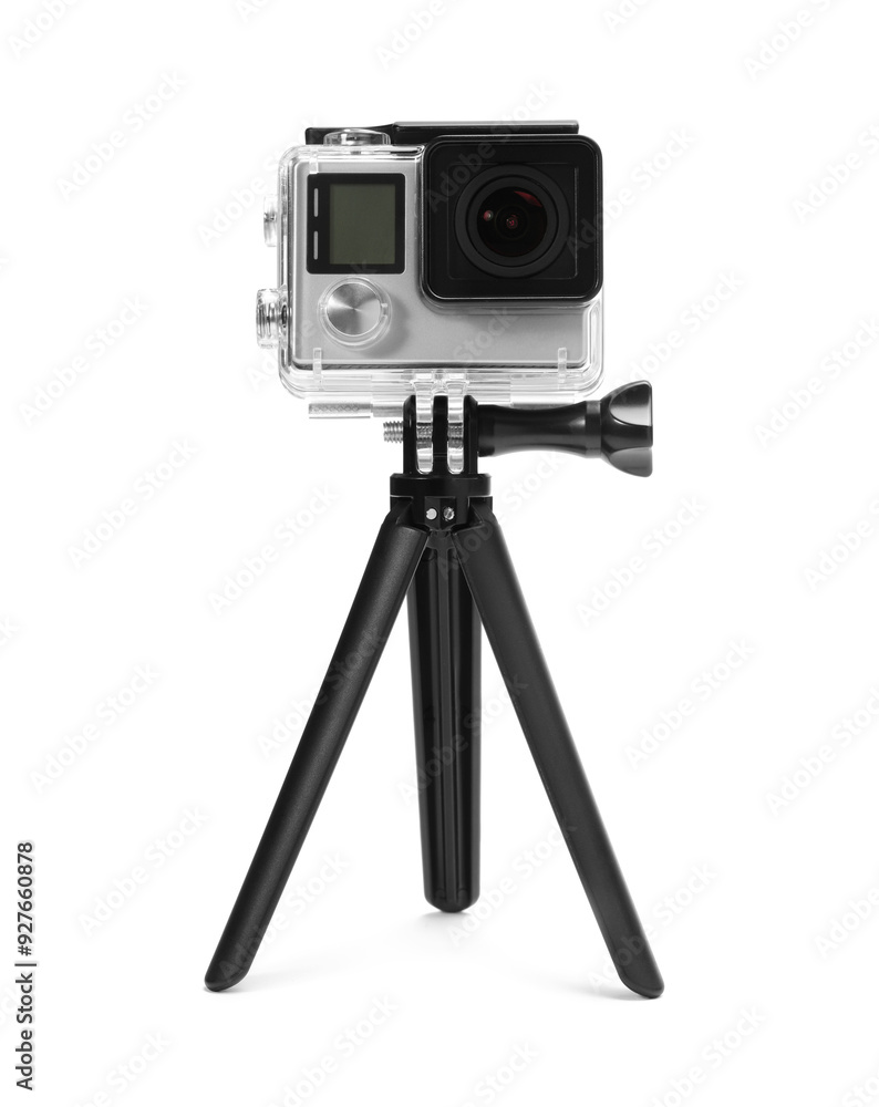 Modern action camera and tripod isolated on white Modern action camera and tripod isolated on white