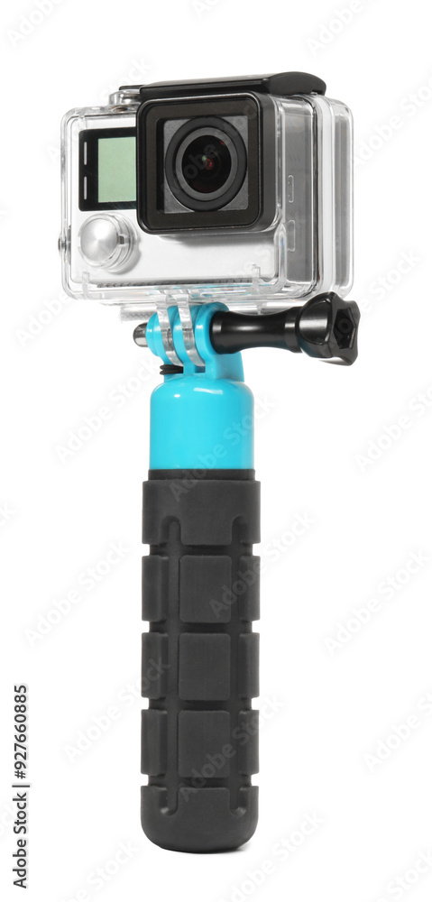Modern action camera and monopod isolated on white Modern action camera and monopod isolated on white