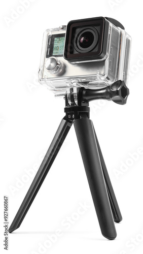 Modern action camera and tripod isolated on white