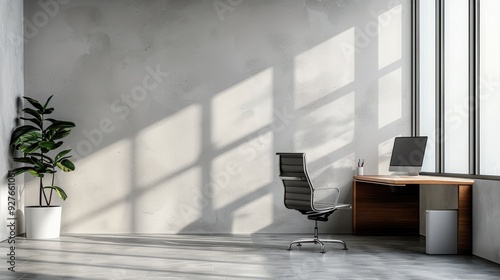 Modern Office wall decor mockup opposite an empty wall surface, on the right side an office chair and a table with an office computer. Generative AI. photo