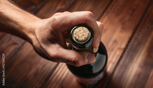 Primer plano descorchando una botella de vino photo