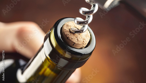 Primer plano descorchando una botella de vino