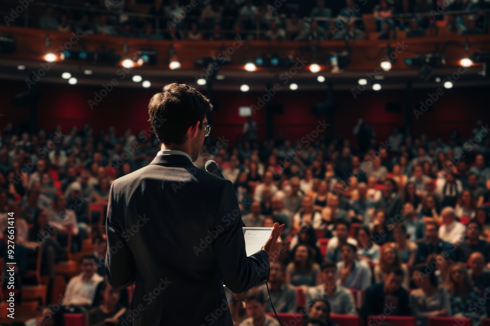 A man in a suit stands confidently before an attentive crowd, engaging them with his presence and speech, A businessman giving a presentation to a large audience. AI generated A man in a suit stands confidently before an attentive crowd, engaging them with his presence and speech, A businessman giving a presentation to a large audience. AI generated