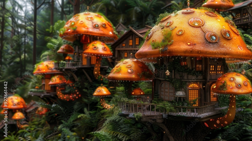 Magical mushroom village in an enchanted forest. Fantasy illustration, fairytale houses. Magical mushroom village in an enchanted forest. Fantasy illustration, fairytale houses.