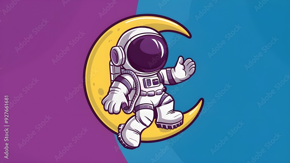 Fototapeta premium Adorable Sickle Moon Cartoon Vector Icon Illustration of an Astronaut. Isolated Premium Vector Concept Science Technology Icon.