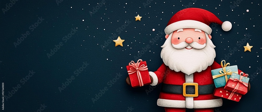Cheerful Santa holds colorful gifts against a starry night backdrop, embodying the spirit of Christmas festivities. Cheerful Santa holds colorful gifts against a starry night backdrop, embodying the spirit of Christmas festivities.