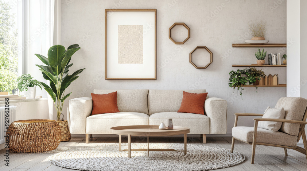 Fototapeta premium Cozy living room with poster frame, comfortable sofa, coffee table, armchair, carpet, and accessories. Home design. --ar 16:9 --v 6.1 Job ID: 6df79b9f-cd49-478a-b4a4-68104f18ed28