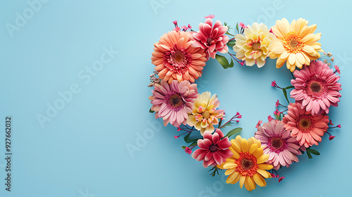 Colorful flowers in a heart shape on light blue background. Generative ai.