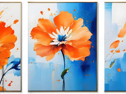 Set of three abstract floral art with blue and orange hue