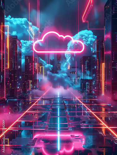 Neon lights accentuate digital cloud computing, blending advanced tech aesthetics. Generative ai.
