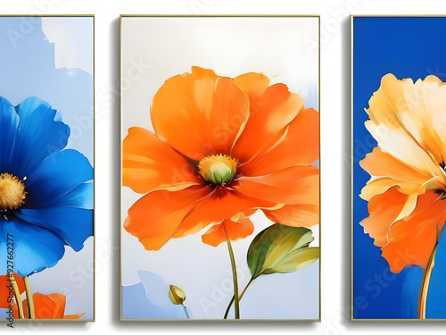 Set of three abstract floral art with blue and orange hue