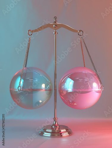 Shiny spheres on a scale balance merge minimalism with the concept of comparison and equilibrium. Generative ai.