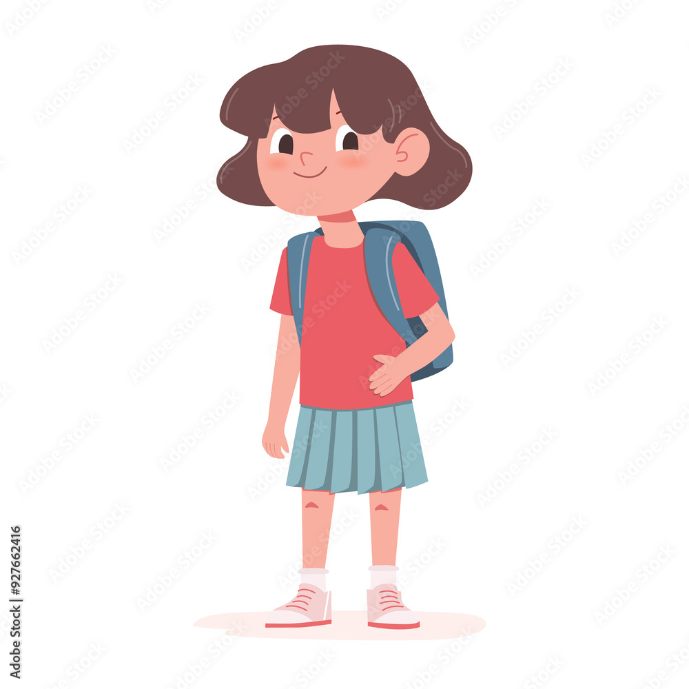 Cute little school girl with a backpack. Flat Illustration on transparent background Cute little school girl with a backpack. Flat Illustration on transparent background