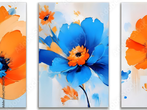 Set of three abstract floral art with blue and orange hue