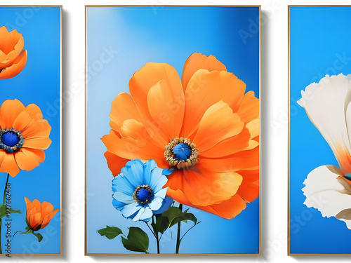 Set of three abstract floral art with blue and orange hue