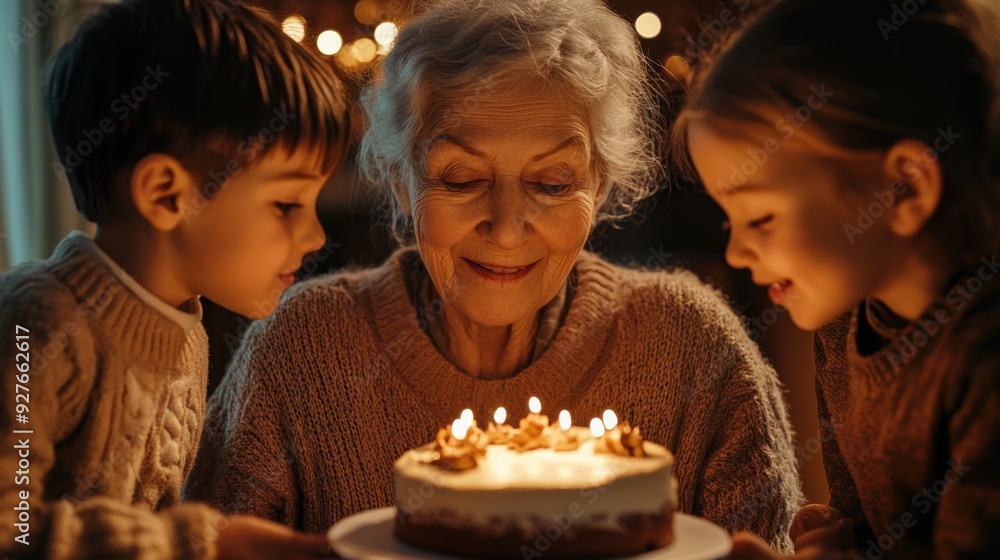 Grandmother with grandchildren celebrating birthday with cake Grandmother with grandchildren celebrating birthday with cake