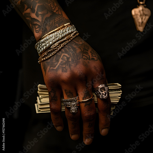 Black man’s hand with tattoos holding cash money